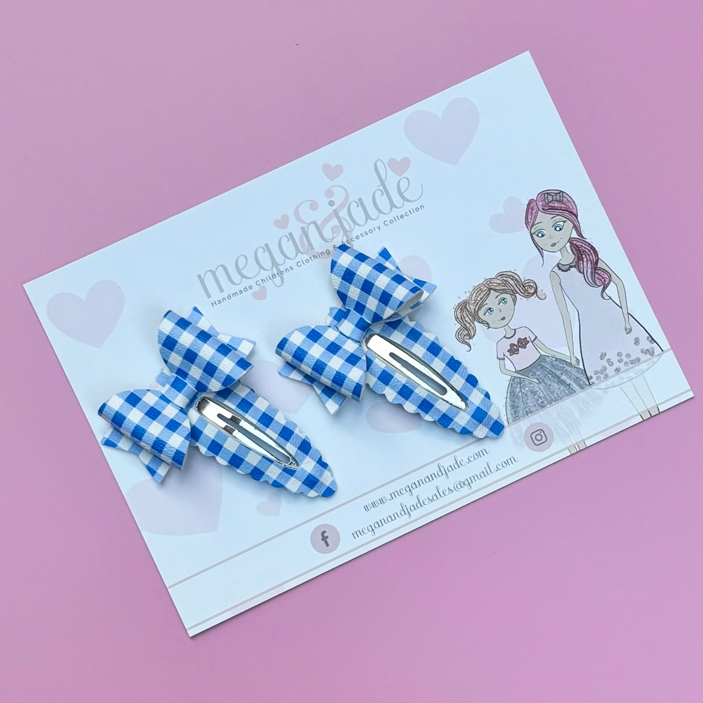 Light Blue & White Gingham Snap Clips - Pair