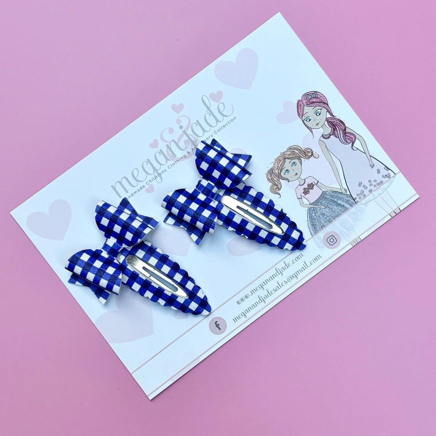 Royal Blue & White Gingham Snap Clips - Pair